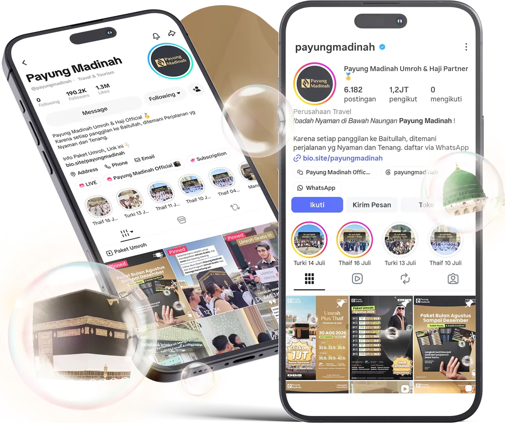 Tampilan akun TikTok dan Instagram resmi Payung Madinah di dua ponsel